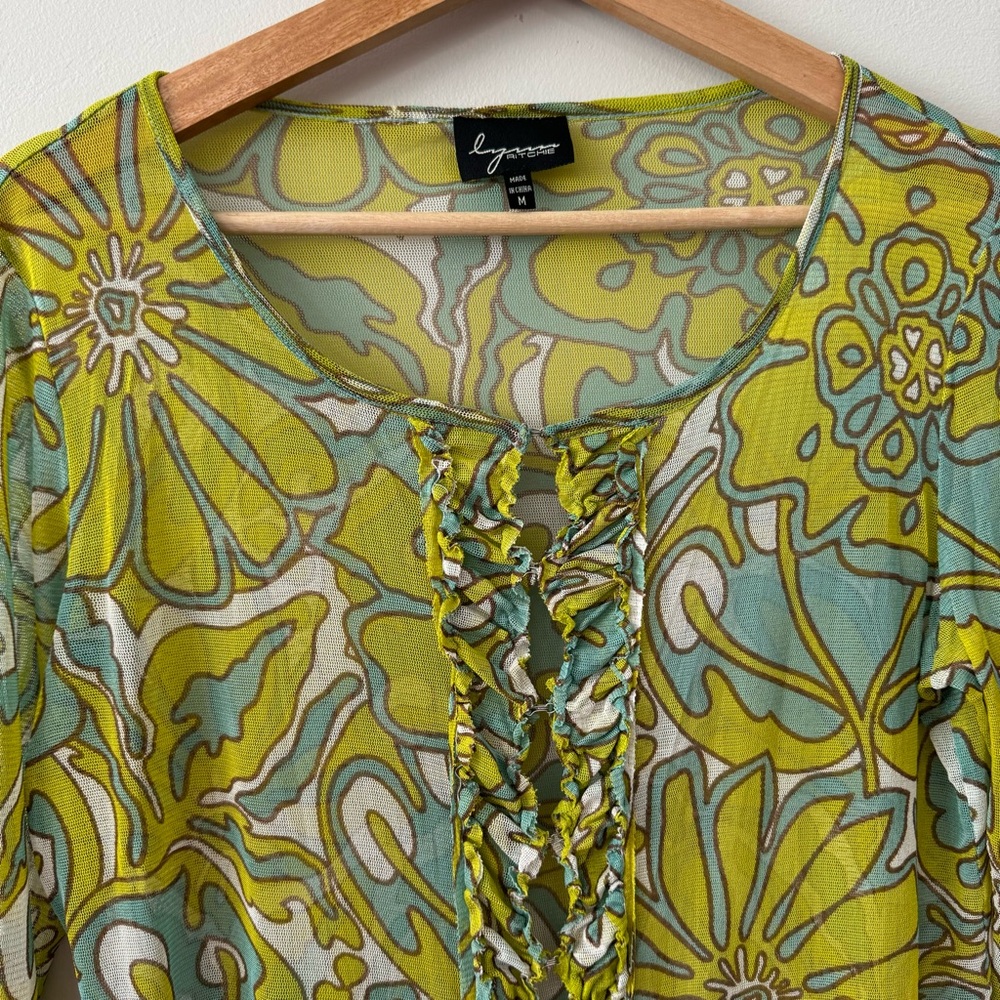 Lynn Ritchie 100% Silk Sheer Mesh Ruffle Groovy Floral Top Medium - Picture 3 of 14